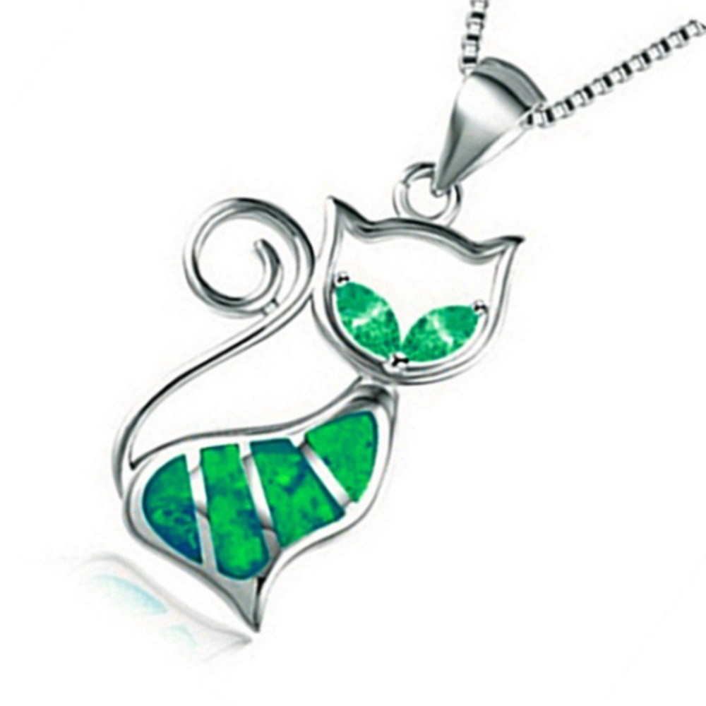 925 Silver Green Opal Cat Charm Pendant Necklace